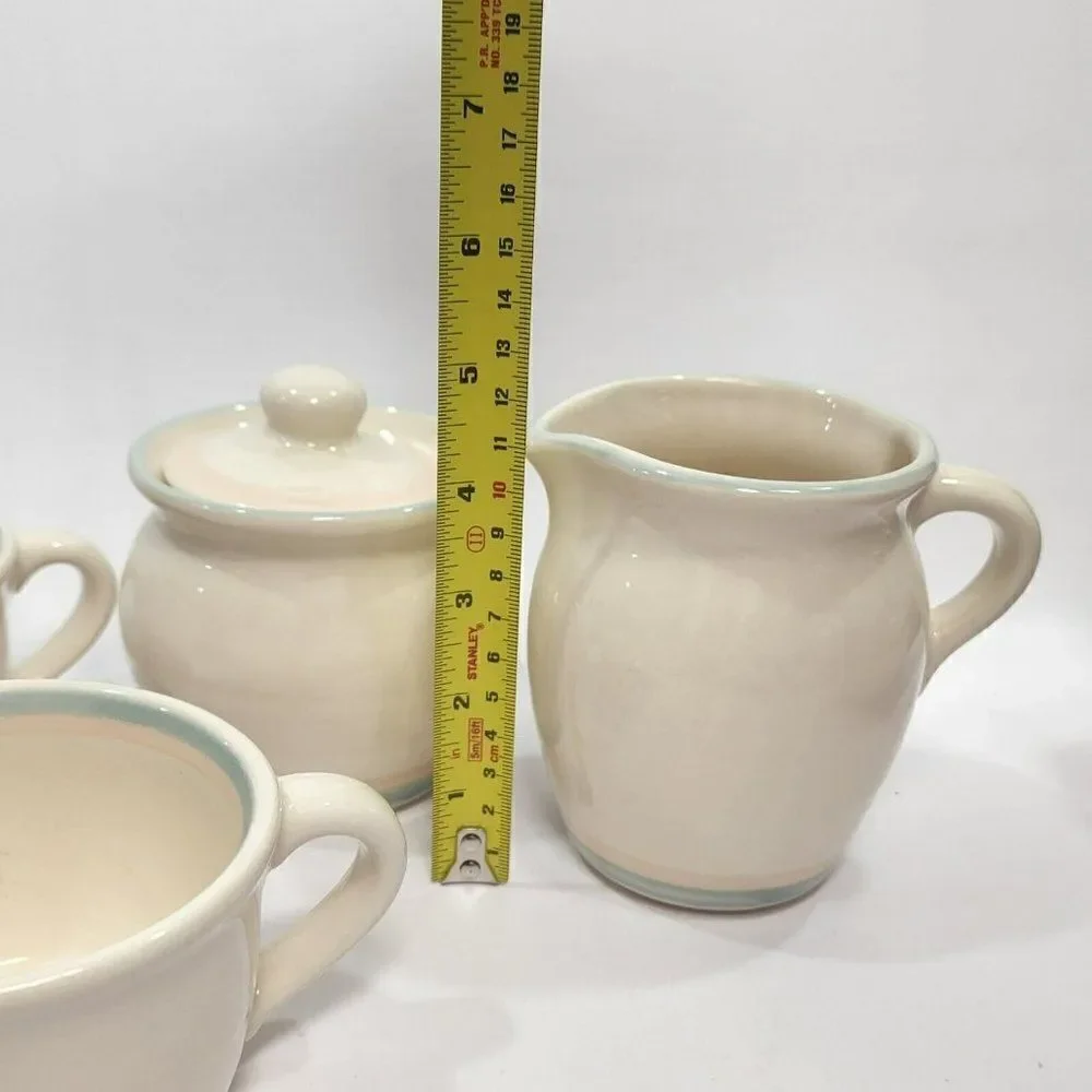 4pc Vtg Aura by Pfaltzgraff,‎ Stoneware Cream Pitcher & Sugar Bowl + 2 teacups